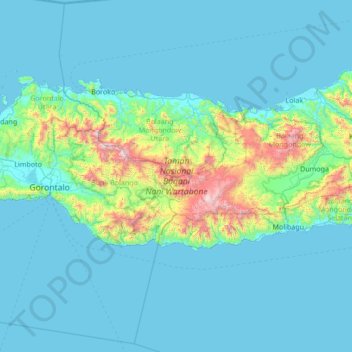 Mapa topográfico Bogani Nani Wartabone National Park, altitud, relieve