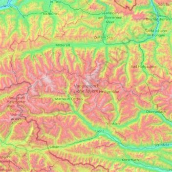 Mapa topográfico High Tauern National Park, altitud, relieve