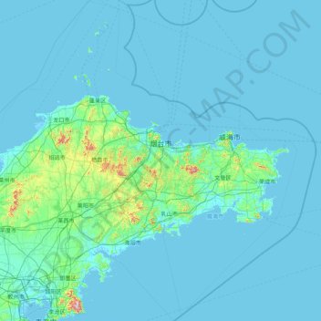 Mapa topográfico 烟台市, altitud, relieve