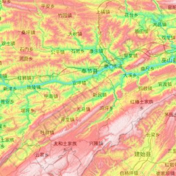 Mapa topográfico 奉节县, altitud, relieve