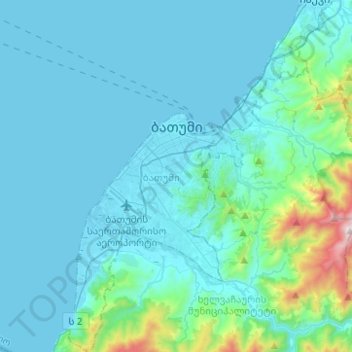 Mapa topográfico Batumi, altitud, relieve