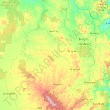 Mapa topográfico South Burnett Regional, altitud, relieve