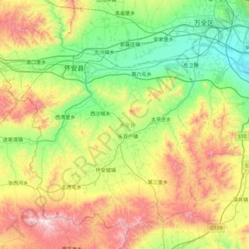 Mapa topográfico 怀安县, altitud, relieve