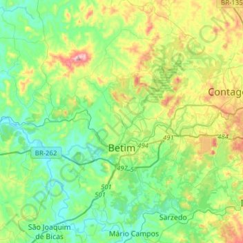 Mapa topográfico Betim, altitud, relieve