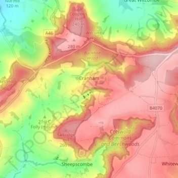 Mapa topográfico Cranham, altitud, relieve