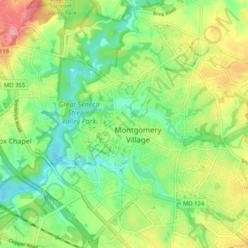 Mapa topográfico Montgomery Village, altitud, relieve