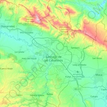 Mapa topográfico Santiago de los Caballeros, altitud, relieve