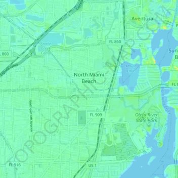 Mapa topográfico North Miami Beach, altitud, relieve