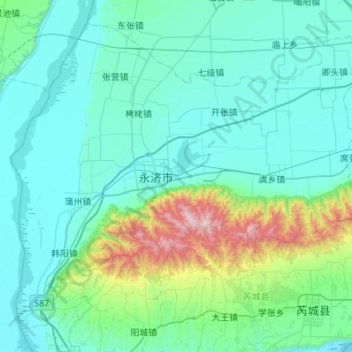 Mapa topográfico 永济市, altitud, relieve