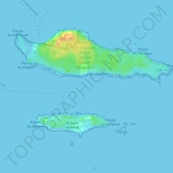 Mapa topográfico Îles de Lérins, altitud, relieve