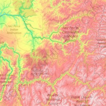 Mapa topográfico Idaho County, altitud, relieve