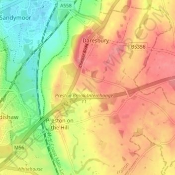 Mapa topográfico Daresbury, altitud, relieve