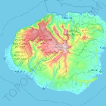 Mapa topográfico Kauai, altitud, relieve