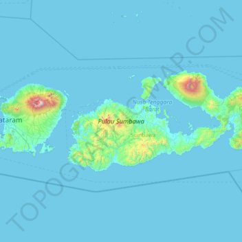 Mapa topográfico Sumbawa, altitud, relieve