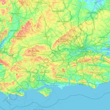 Mapa topográfico South East England, altitud, relieve