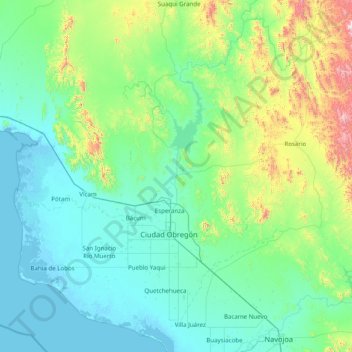 Mapa topográfico Cajeme, altitud, relieve