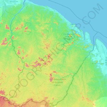 Mapa topográfico Guayana Francesa, altitud, relieve