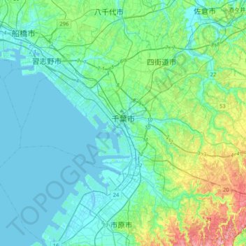 Mapa topográfico Chiba, altitud, relieve