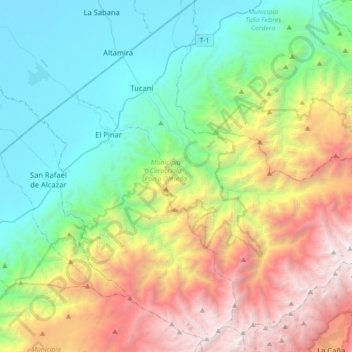 Mapa topográfico Municipio Caracciolo Parra Olmedo, altitud, relieve