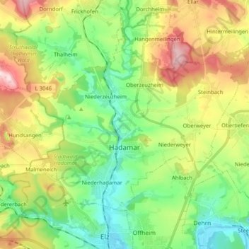 Mapa topográfico Hadamar, altitud, relieve