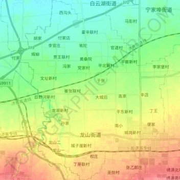Mapa topográfico 龙山街道, altitud, relieve
