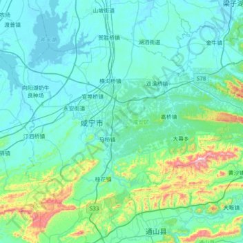 Mapa topográfico 咸安区, altitud, relieve