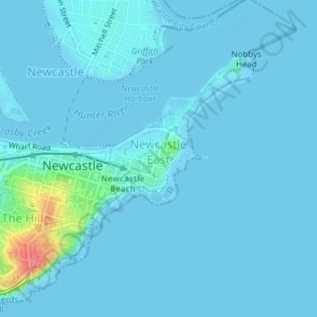 Mapa topográfico Newcastle East, altitud, relieve