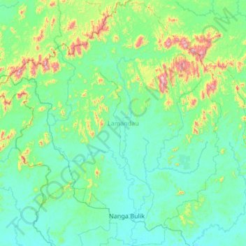 Mapa topográfico Lamandau, altitud, relieve