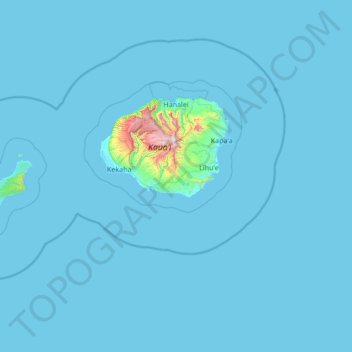 Mapa topográfico Kauai County, altitud, relieve