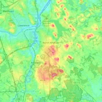 Mapa topográfico North Andover, altitud, relieve