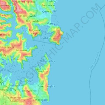Mapa topográfico Sydney Harbour National Park, altitud, relieve