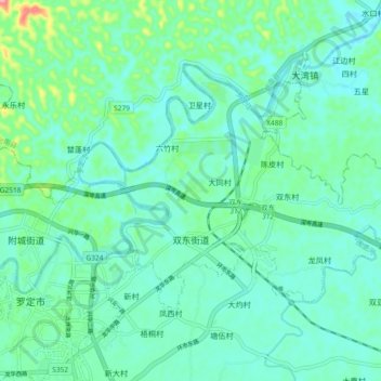 Mapa topográfico 双东街道, altitud, relieve
