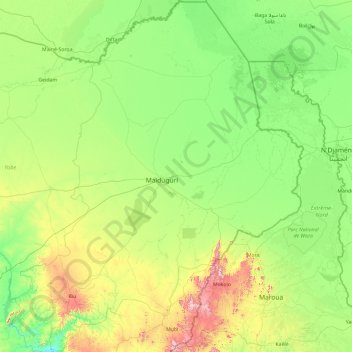 Mapa topográfico Borno State, altitud, relieve