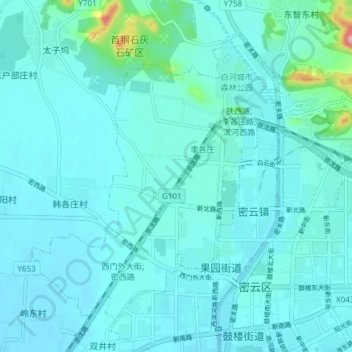 Mapa topográfico 密云镇, altitud, relieve