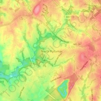 Mapa topográfico North Potomac, altitud, relieve