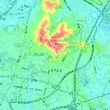Mapa topográfico 白莲池街道, altitud, relieve