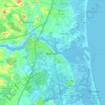 Mapa topográfico Newburyport, altitud, relieve