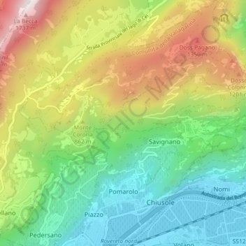 Mapa topográfico Pomarolo, altitud, relieve