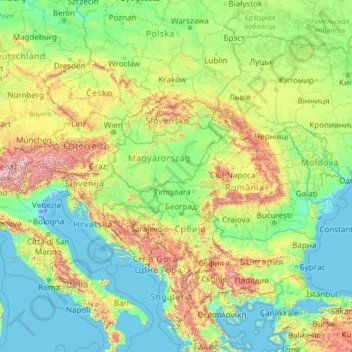 Mapa topográfico Danube, altitud, relieve