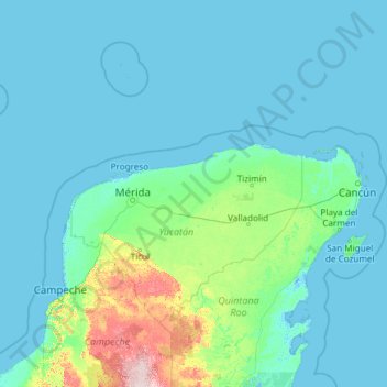 Mapa topográfico Yucatán, altitud, relieve