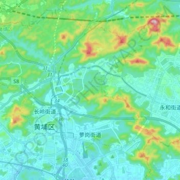 Mapa topográfico 萝岗街道, altitud, relieve