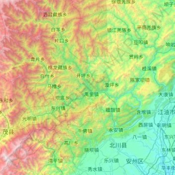 Mapa topográfico 北川羌族自治县, altitud, relieve