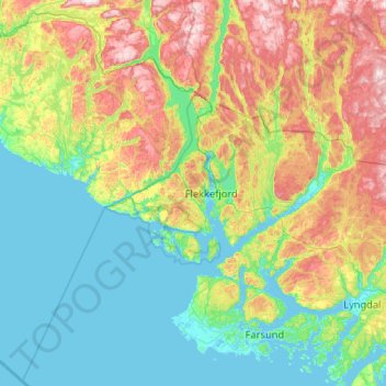 Mapa topográfico Flekkefjord, altitud, relieve