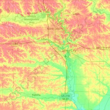 Mapa topográfico Johnson County, altitud, relieve