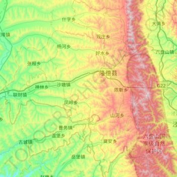 Mapa topográfico 隆德县, altitud, relieve