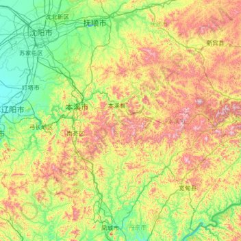 Mapa topográfico 本溪市, altitud, relieve