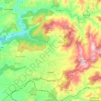 Mapa topográfico Falset, altitud, relieve