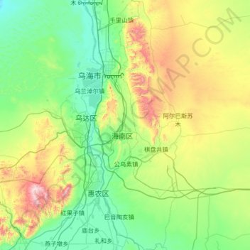 Mapa topográfico 乌海市, altitud, relieve