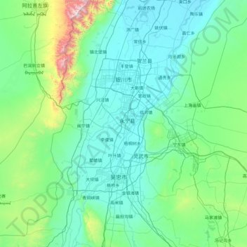 Mapa topográfico 银川市, altitud, relieve