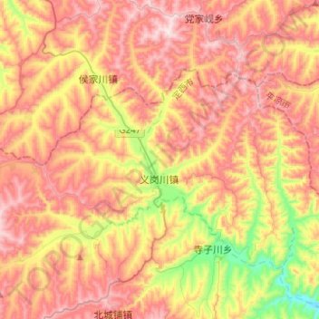 Mapa topográfico 义岗川镇, altitud, relieve